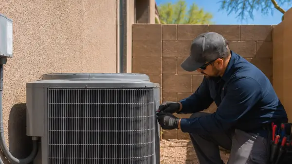 A technician kneeling at an outdoor AC unit in a gravel side yard
