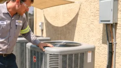 A technician checking the top of an outdoor AC unit beside a stucco wall